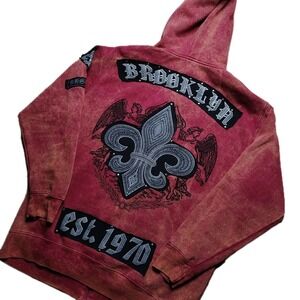 Brooklyn Express Y2K Red Zip Hoodie XXL Acid Wash Goth Streetwear Urban Grunge